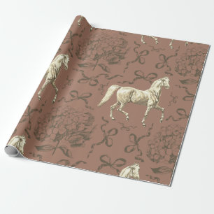Elegant Horse Hydrangea Bows Beige Brown Toile Wrapping Paper