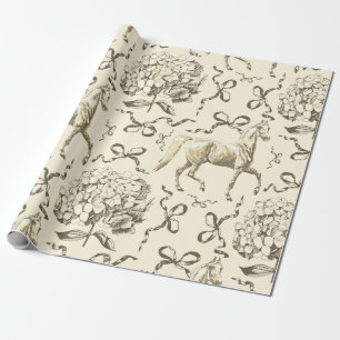 Elegant Horse Hydrangea Bows Beige Brown Toile Wrapping Paper