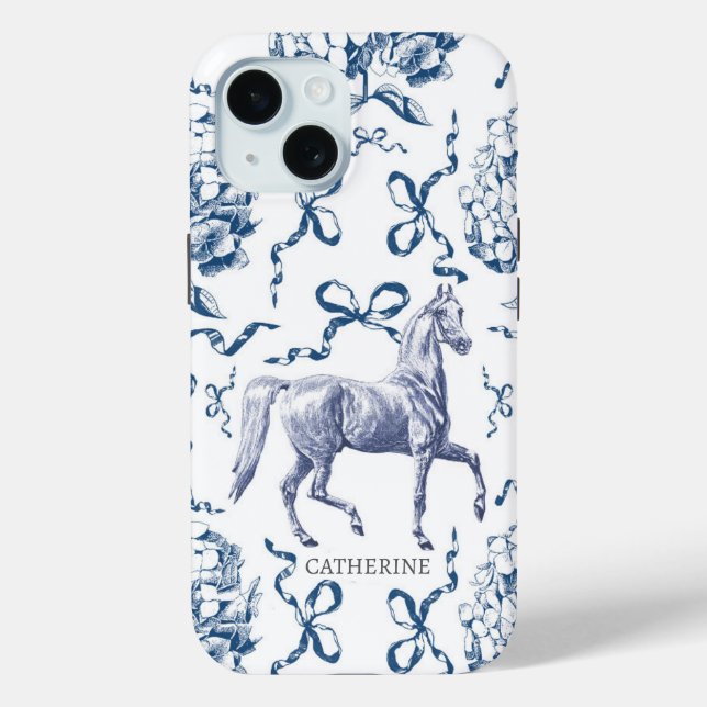 Elegant Horse Hydrangea Bows Dusty Blue Name Case-Mate iPhone Case (Back)