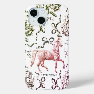 Elegant Horse Hydrangea Bows Red Name iPhone 15 Case
