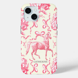 Elegant Horse Hydrangea Bows Red White with Name iPhone 15 Case