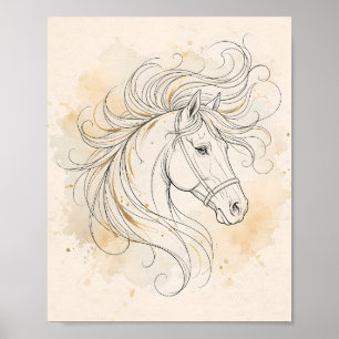 Elegant Horse Line Art Equestrian Gold Decor Print