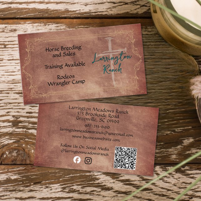 Elegant Horse Ranch Western Cross Logo QR Code Business Card (Creator Uploaded)