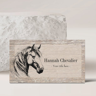 Elegant Horse Sketch Rustic Wood Equestrian Business Card