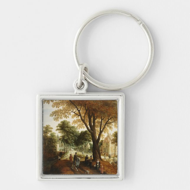 Elegant Horsemen and figures on a path Key Ring (Front)