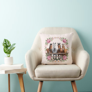 Elegant Horses in Floral Wreath Art Cushion