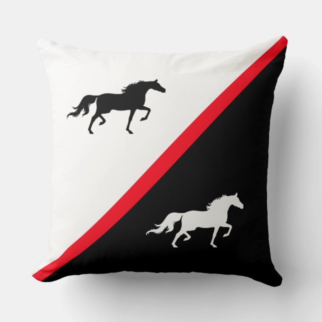 Elegant Horses on Black Red and White Cushion (Front)