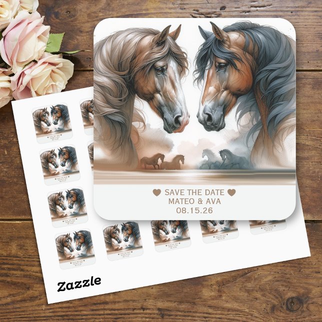 Elegant Horses Wedding Save the Date Square Sticker (Creator Uploaded)
