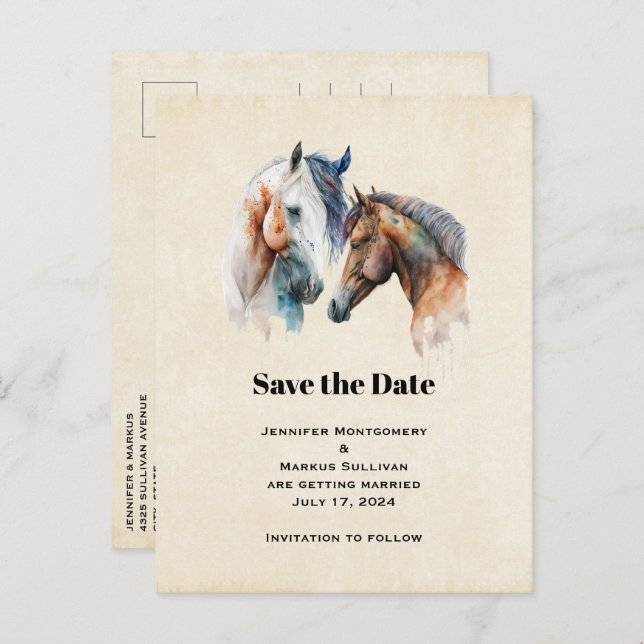 Elegant Horses Western Boho Wedding Save the Date Invitation Postcard (Front/Back)