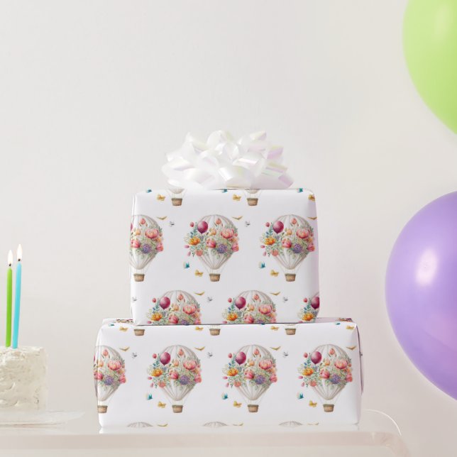 Elegant Hot Air Balloon and Watercolor Flowers Wrapping Paper (Party Gifts)