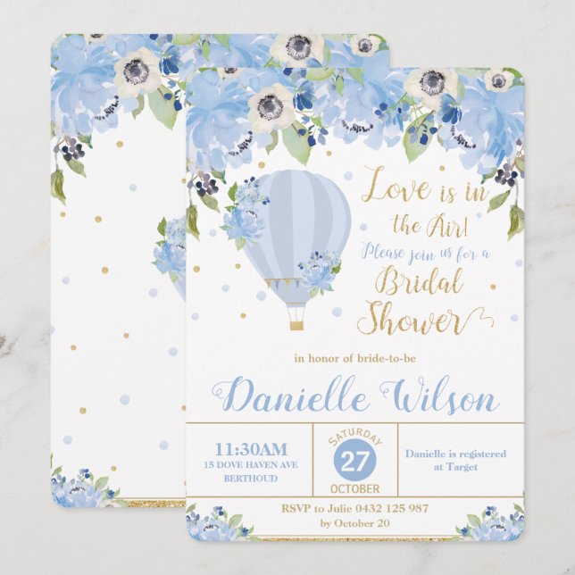 Elegant Hot Air Balloon Blue Floral Bridal Shower Invitation (Front/Back)