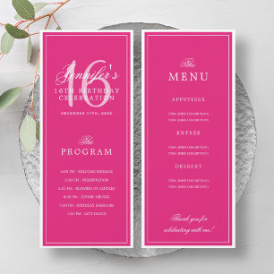 Elegant Hot Pink 16th Birthday Program Menu Invitation