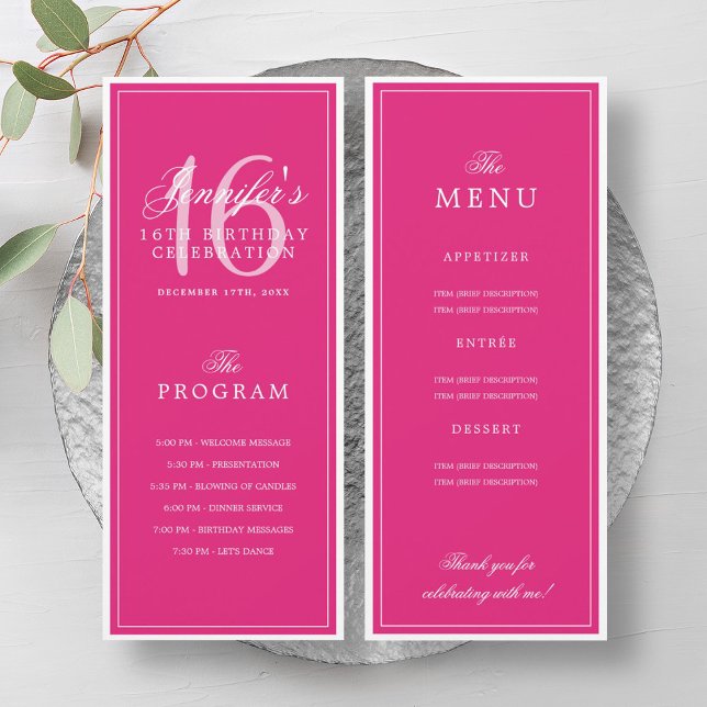Elegant Hot Pink 16th Birthday Program Menu  Invitation (Elegant Hot Pink 16th Birthday Program Menu )