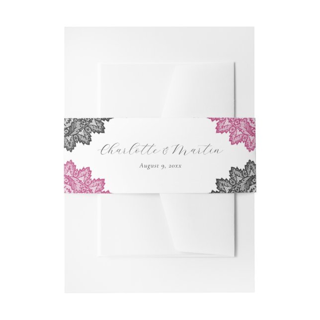 Elegant Hot Pink and Black Floral Lace Wedding Invitation Belly Band (Front Example)