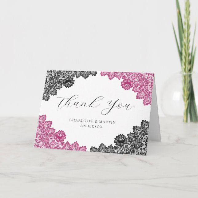 Elegant Hot Pink and Black Floral Lace Wedding Thank You Card (Front)