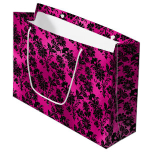 Elegant Hot Pink and Black Glitter Flowers Pattern Large Gift Bag