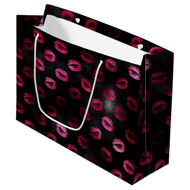 Elegant Hot Pink and Black Glitter Lipstick Lips Large Gift Bag (Front Angled)