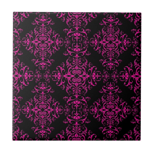 Elegant Hot Pink and Black Victorian Style Damask Tile (Front)