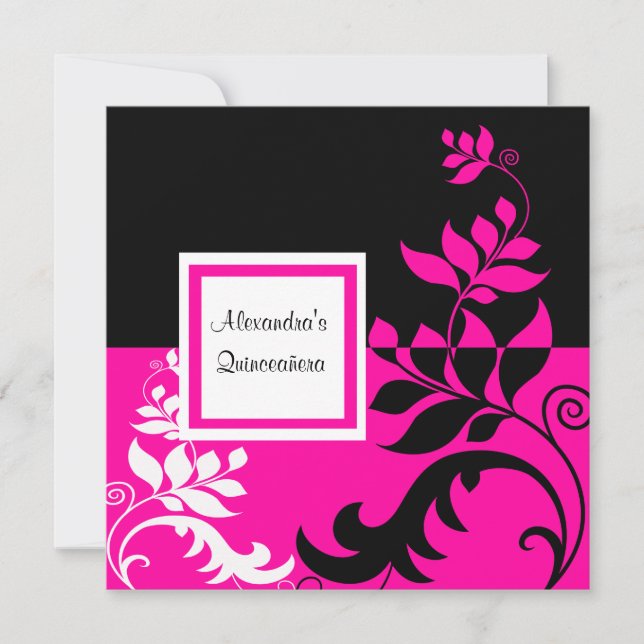 Elegant Hot Pink and Black Vine Quinceanera Invitation (Front)