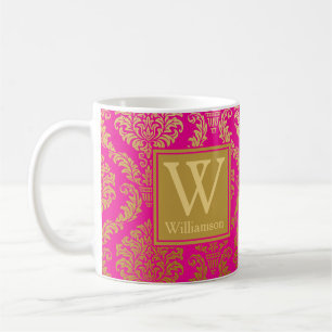 Elegant Hot Pink and Gold Damask Personalised Coffee Mug