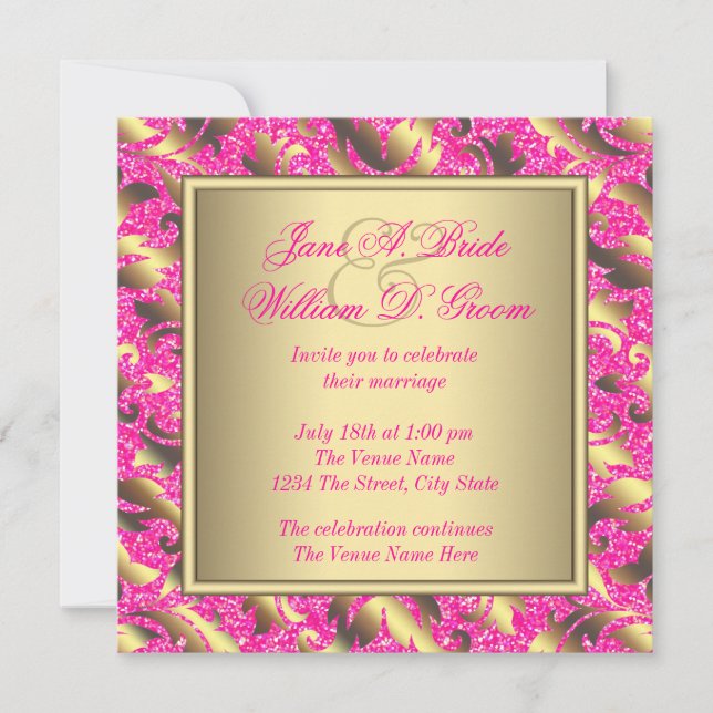 Elegant Hot Pink and Gold Wedding Invitation (Front)