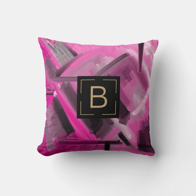 Elegant Hot Pink Black Abstract Art Modern Shapes Cushion (Front)