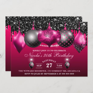 Elegant Hot Pink & black Glitter Baubles Birthday Invitation