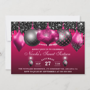 Elegant Hot Pink & black Glitter Baubles Sweet 16 Invitation