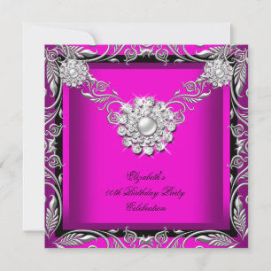 Elegant Hot Pink Black Silver Birthday Party Invitation