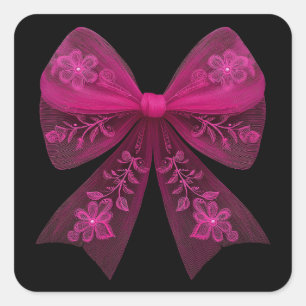 Elegant Hot Pink Bow with Floral Lace Design Square Sticker