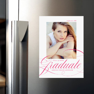 Elegant Hot Pink Calligraphy Photo Graduation Magnetic Invitation