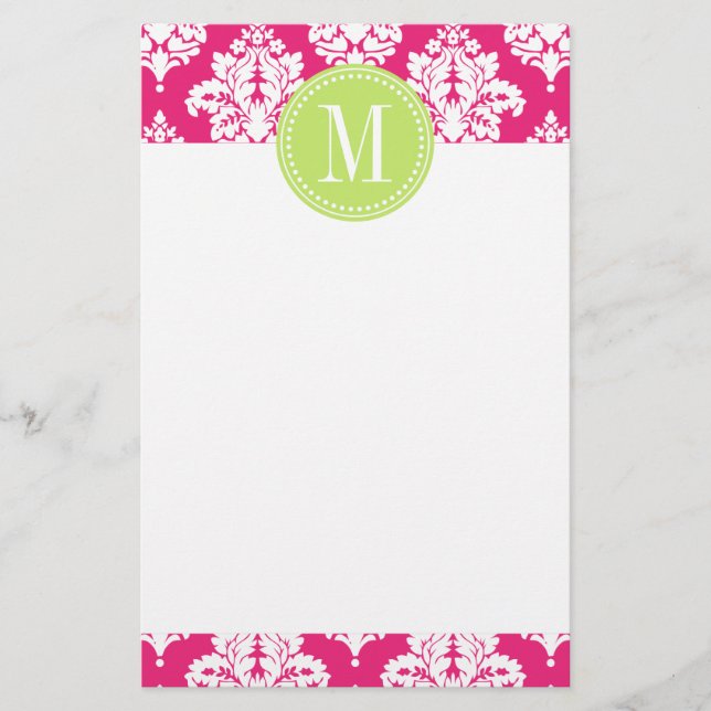 Elegant Hot Pink Damask Personalised Stationery (Front)