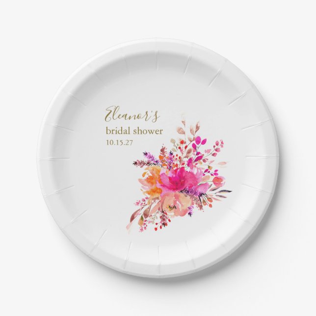 Elegant Hot Pink Floral Bridal Shower Custom Favou Paper Plate (Front)