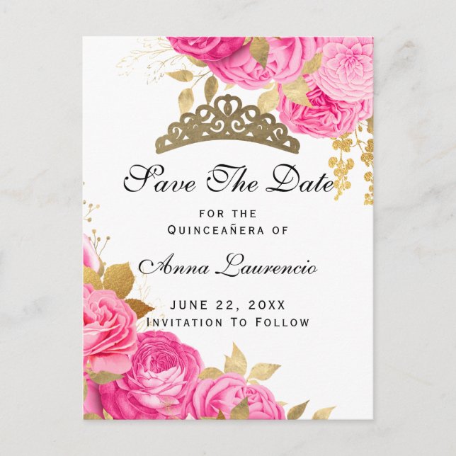 Elegant Hot Pink Floral Quinceanera Save The Date Postcard (Front)