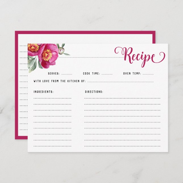 Elegant Hot Pink Floral Recipe Bridal Shower  Enclosure Card (Front/Back)