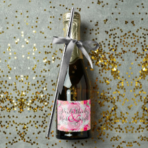 Elegant Hot Pink Floral Watercolor Mini Sparkling Wine Label