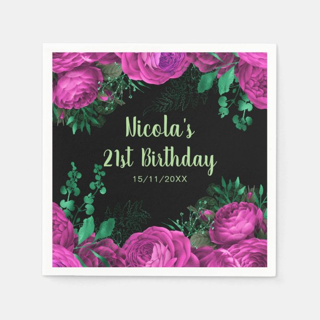 Elegant Hot Pink Flowers Birthday Party Napkin (Front)