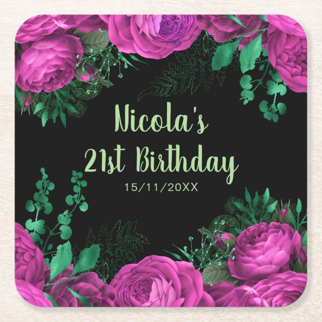 Elegant Hot Pink Flowers Birthday Party Square Paper Coaster (Front)