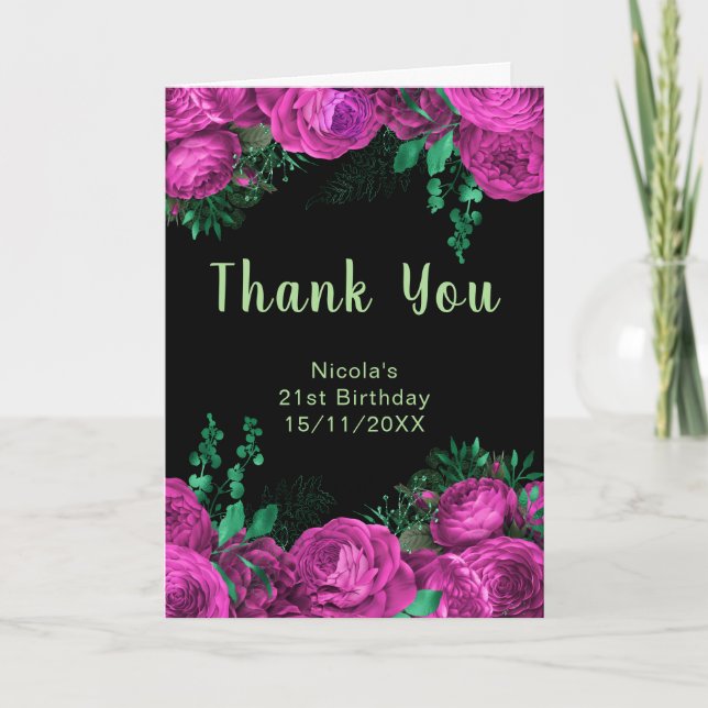 Elegant Hot Pink Flowers Birthday Party Thank You Card (Front)