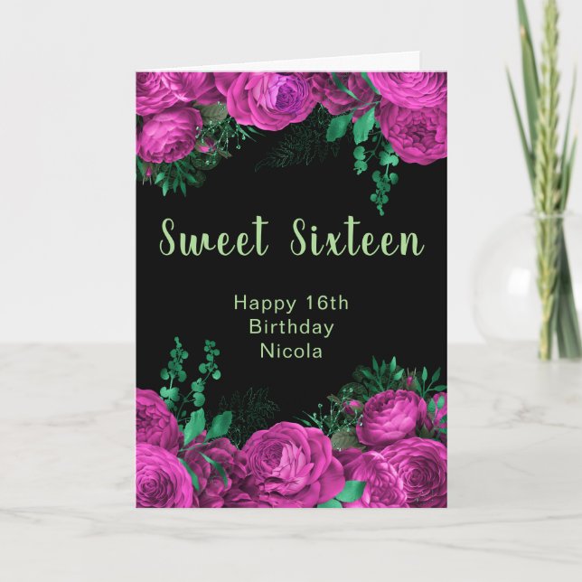 Elegant Hot Pink Flowers Sweet Sixteen Card (Front)
