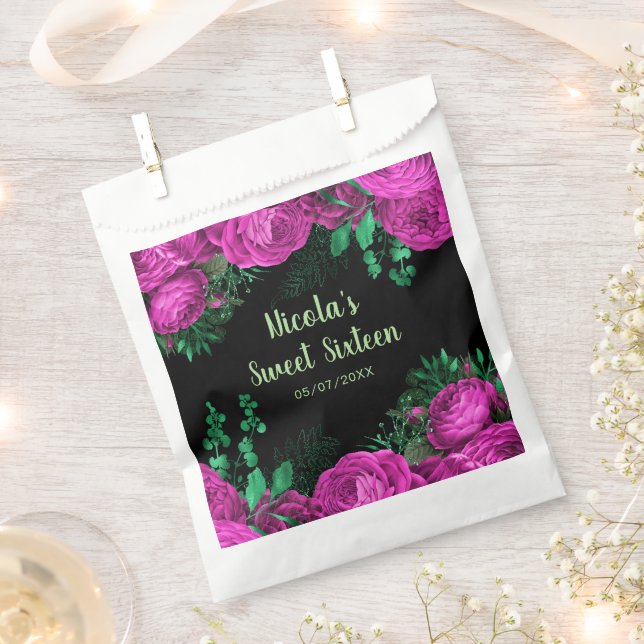 Elegant Hot Pink Flowers Sweet Sixteen Favour Bags (Clipped)
