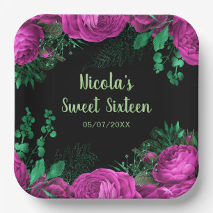 Elegant Hot Pink Flowers Sweet Sixteen Paper Plate
