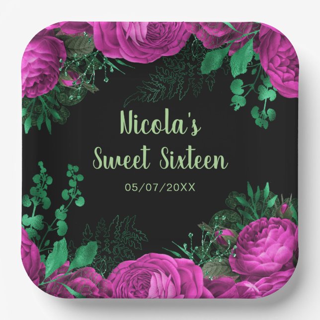 Elegant Hot Pink Flowers Sweet Sixteen Paper Plate (Front)