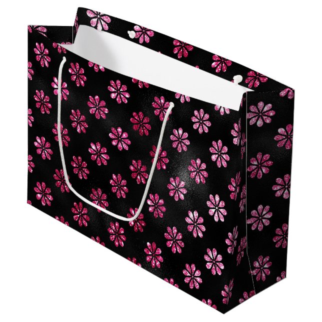 Elegant Hot Pink Glitter and Black Flowers Pattern Large Gift Bag (Front Angled)