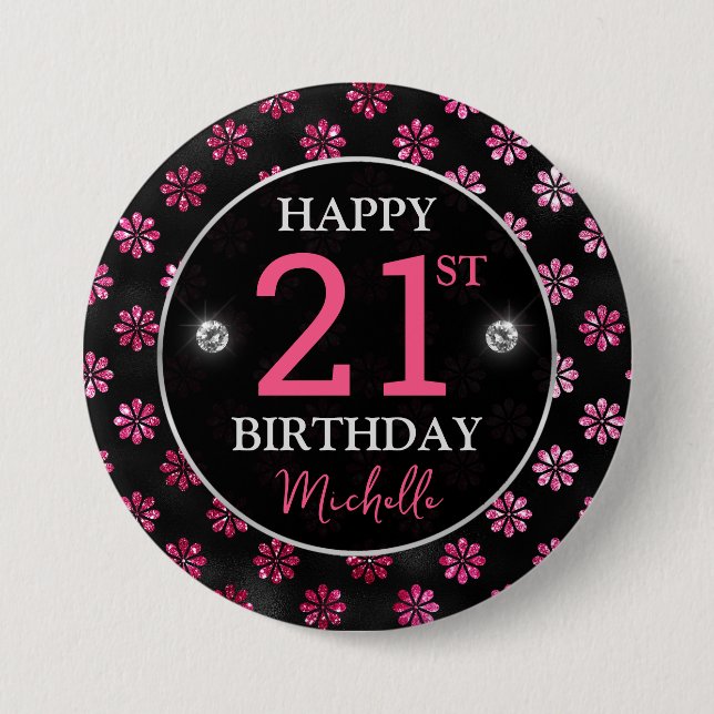 Elegant Hot Pink Glitter & Black Flowers Birthday 7.5 Cm Round Badge (Front)