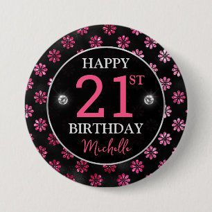Elegant Hot Pink Glitter & Black Flowers Birthday 7.5 Cm Round Badge