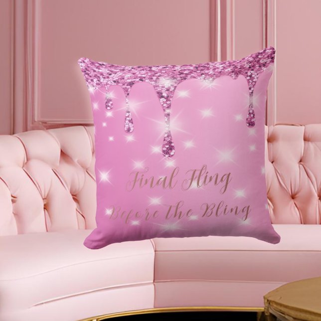 Elegant Hot Pink Glitter Drip Bachelorette Cushion (Hot pink glam pillow makes a dazzling gift for the bride-to-be or her bachelorette crew.)