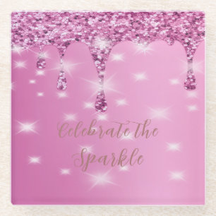 Elegant Hot Pink Glitter Drip Bachelorette Glass Coaster