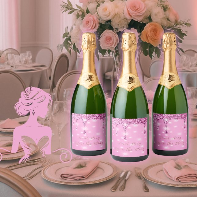Elegant Hot Pink Glitter Drip Bachelorette Sparkling Wine Label (Pop the bubbly in style! Elegant pink glitter drip labels for your Final Fling Before the Bling.)