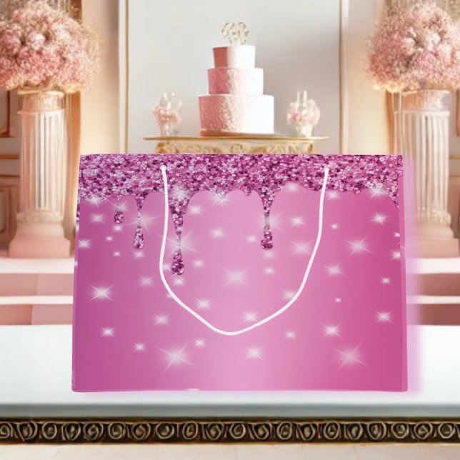 Elegant Hot Pink Glitter Drip  Large Gift Bag (Elegant Hot Pink Glitter Drip Large Gift Bag – Perfect for Birthdays, Weddings, and Special Gifts!)
